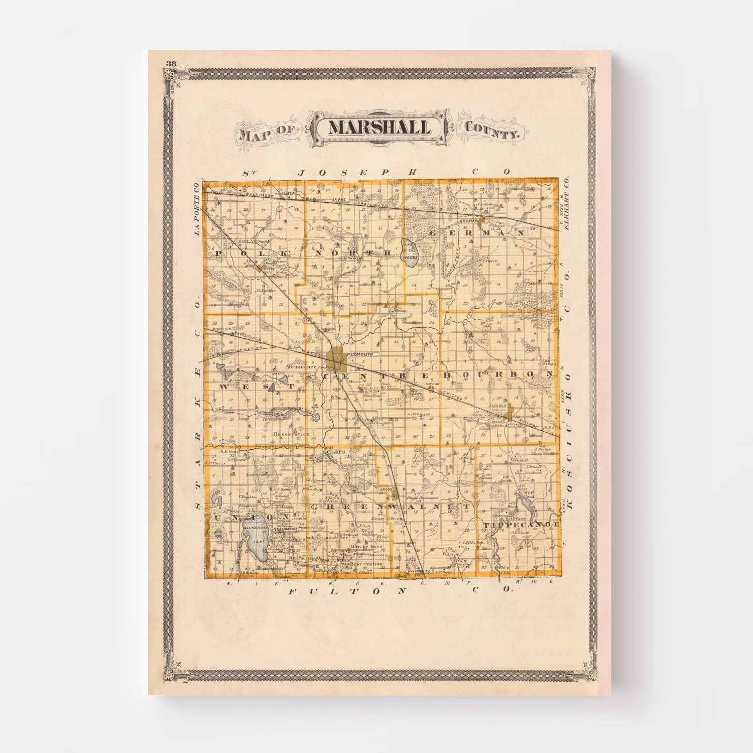 Vintage Map of Marshall County, Indiana 1876