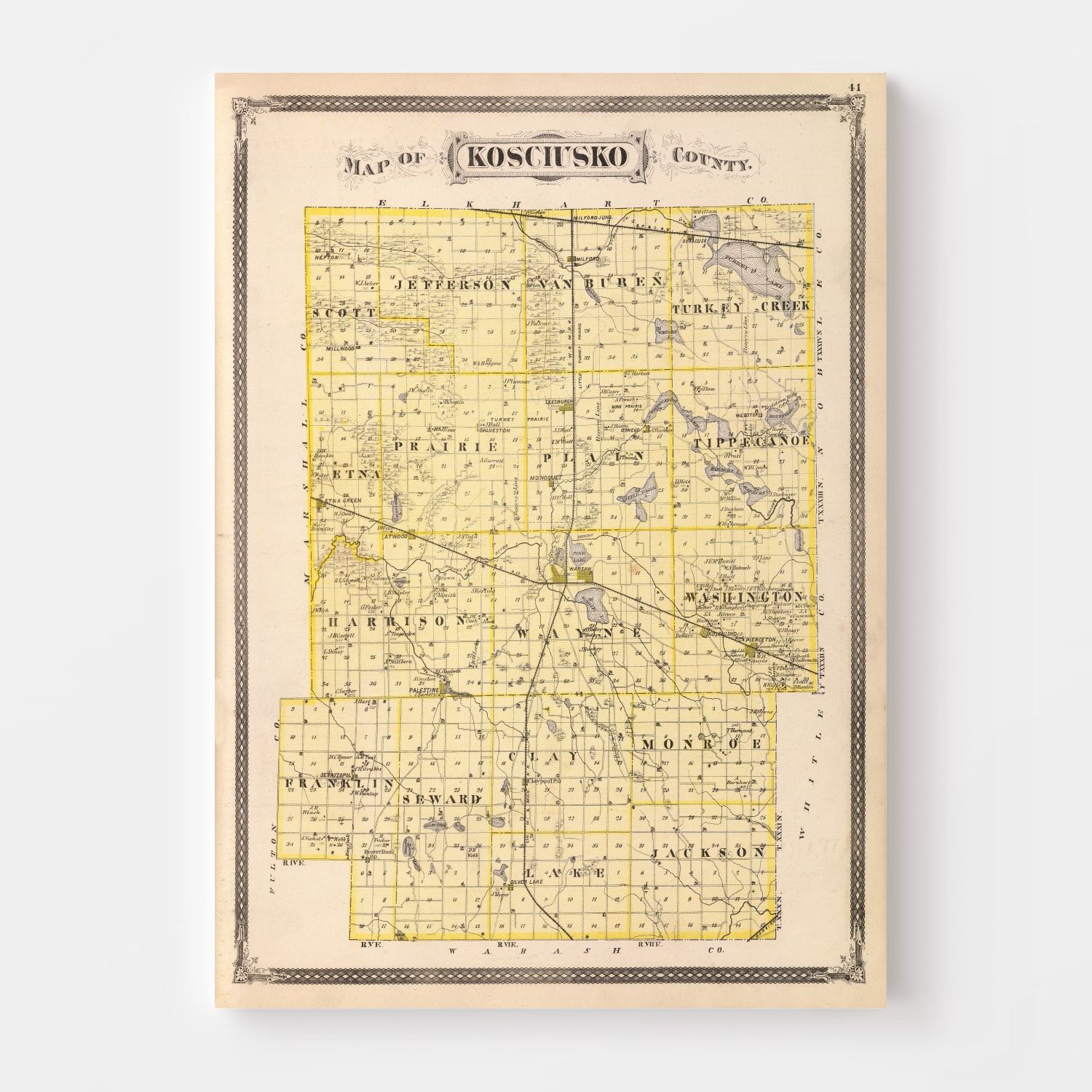 Vintage Map of Kosciusko County, Indiana 1876