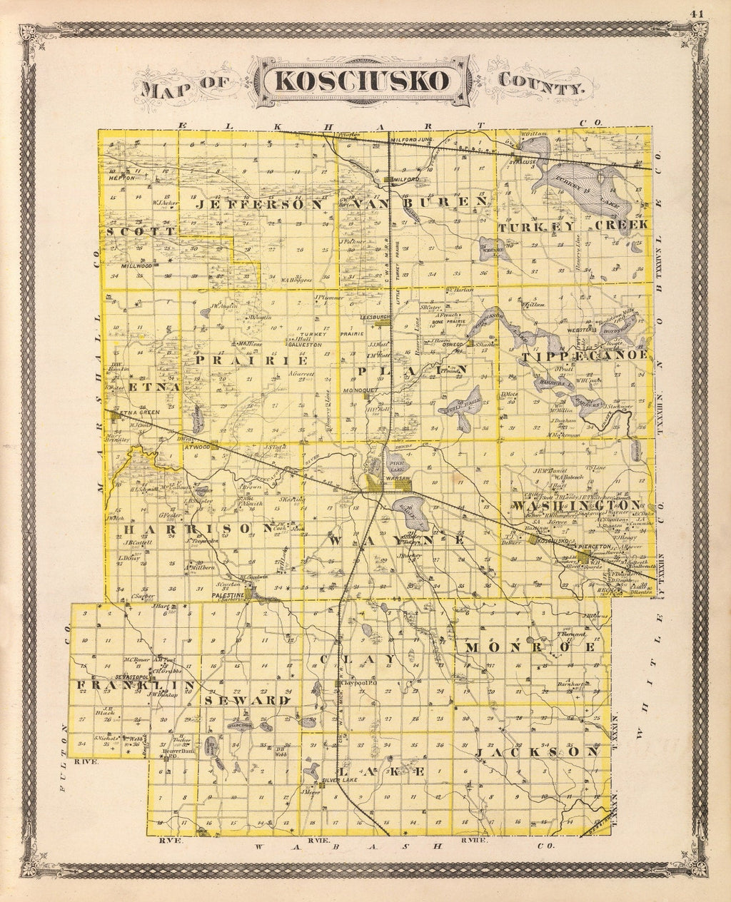 Vintage Map of Kosciusko County, Indiana 1876