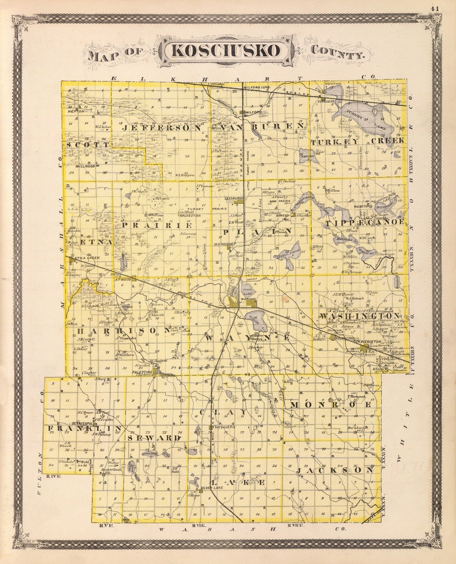 Vintage Map of Kosciusko County, Indiana 1876