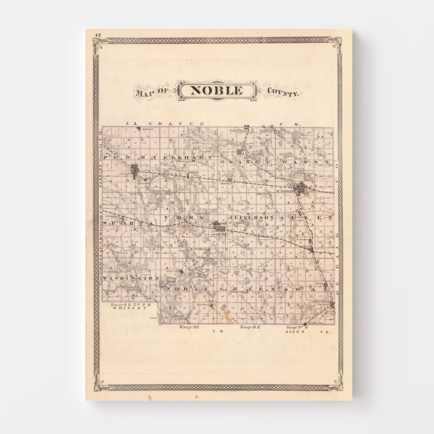 Vintage Map of Noble County, Indiana 1876