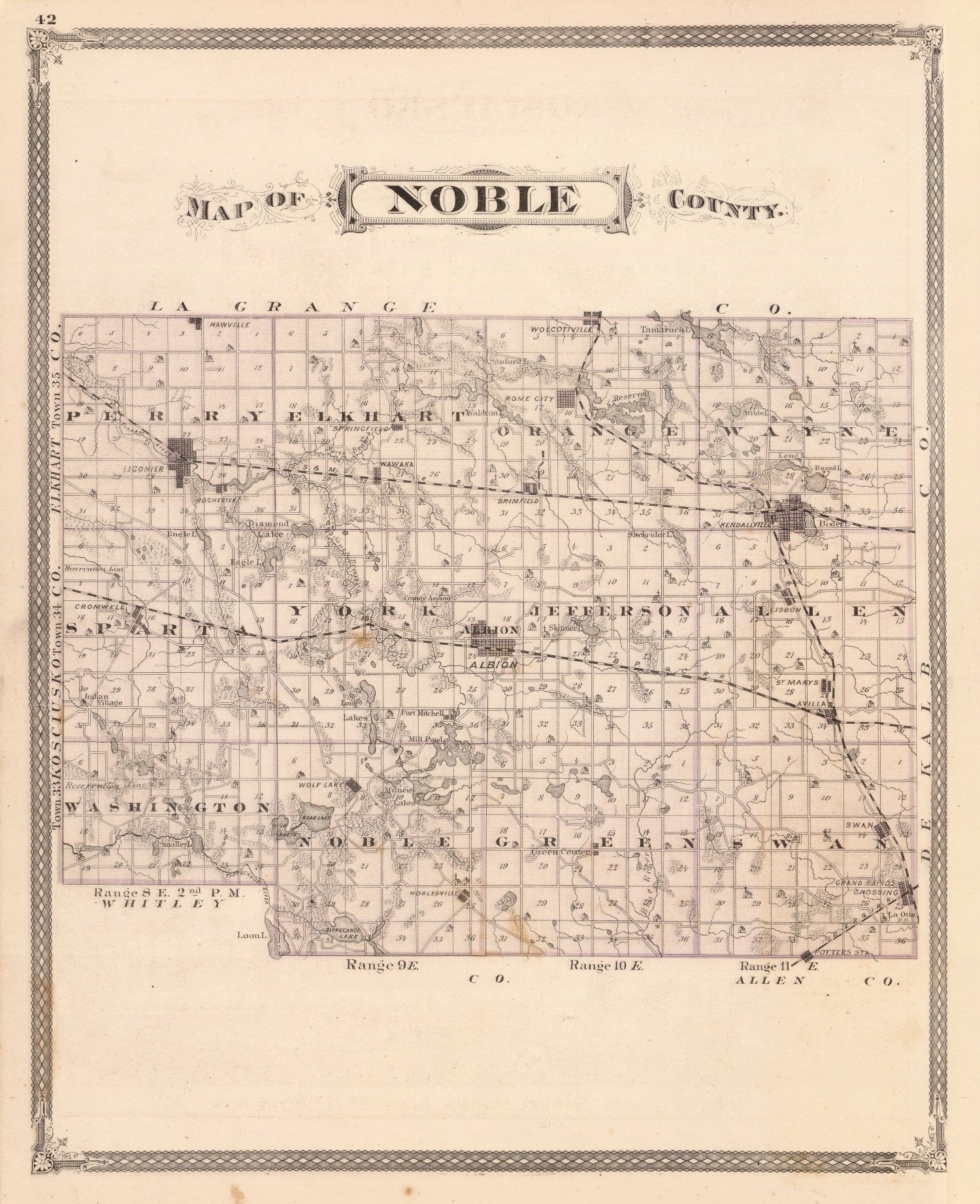 Vintage Map of Noble County, Indiana 1876