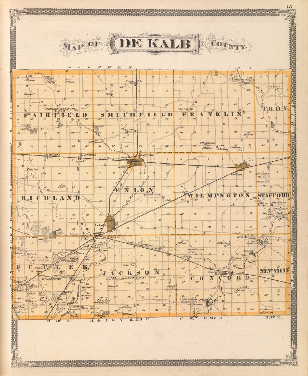 Vintage Map of Dekalb County, Indiana 1876