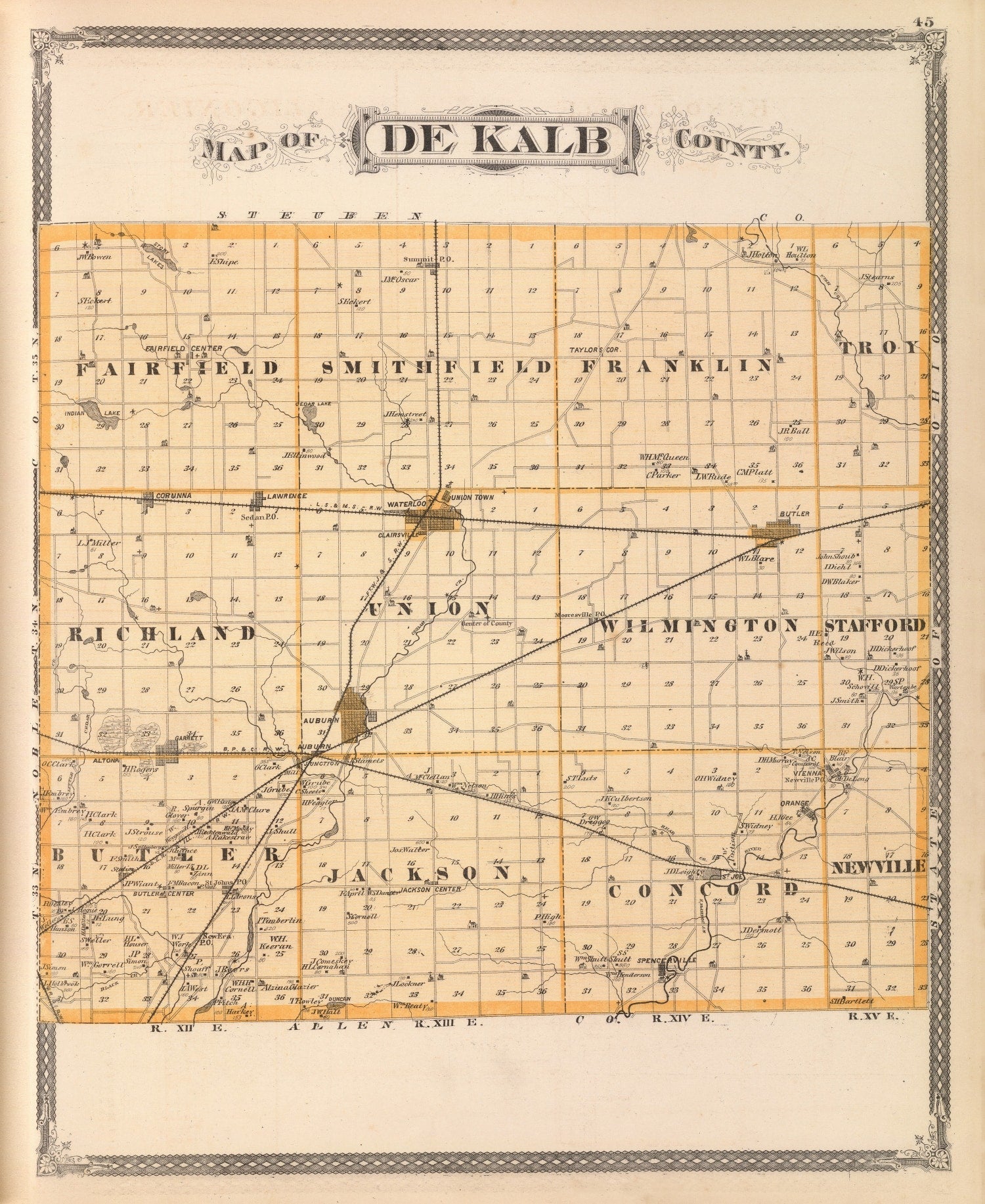 Vintage Map of Dekalb County, Indiana 1876