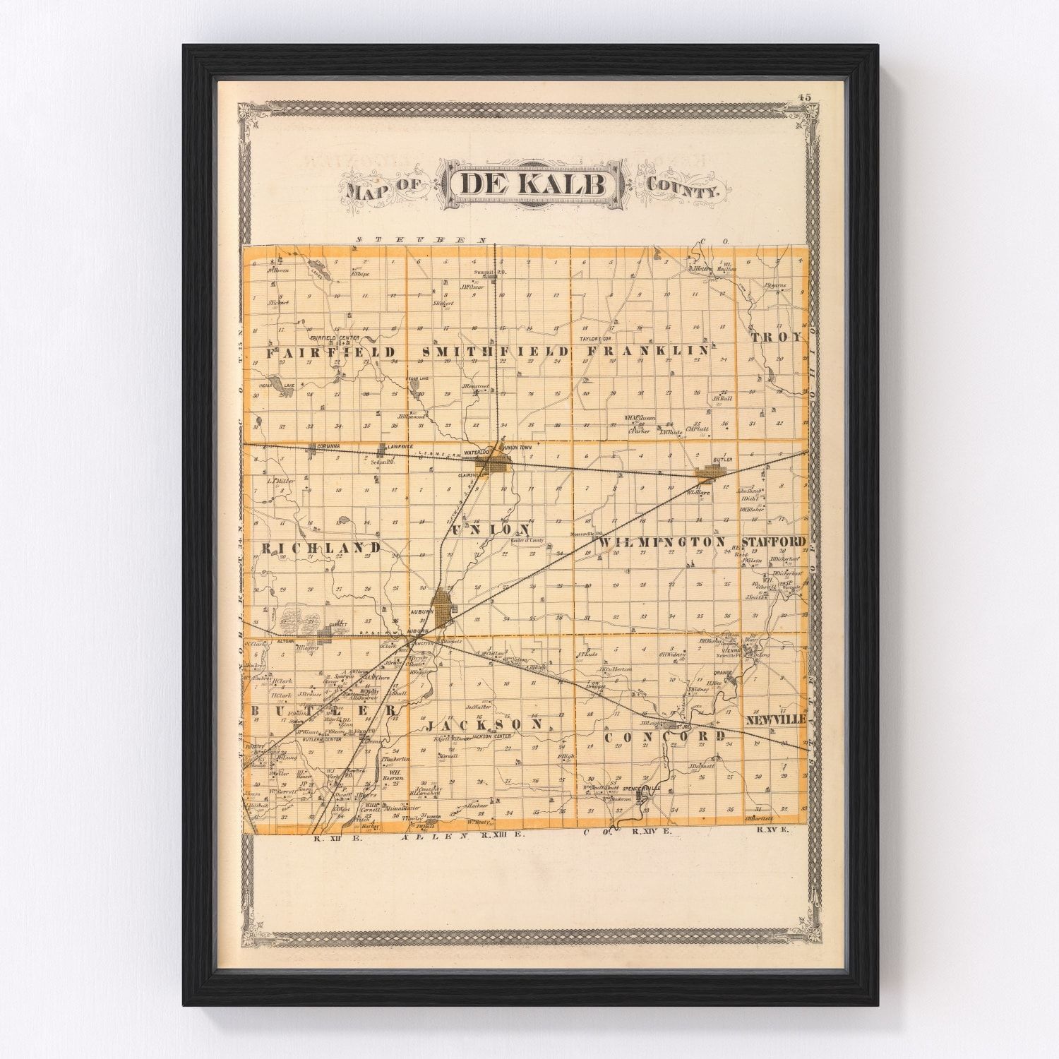 Vintage Map of Dekalb County, Indiana 1876