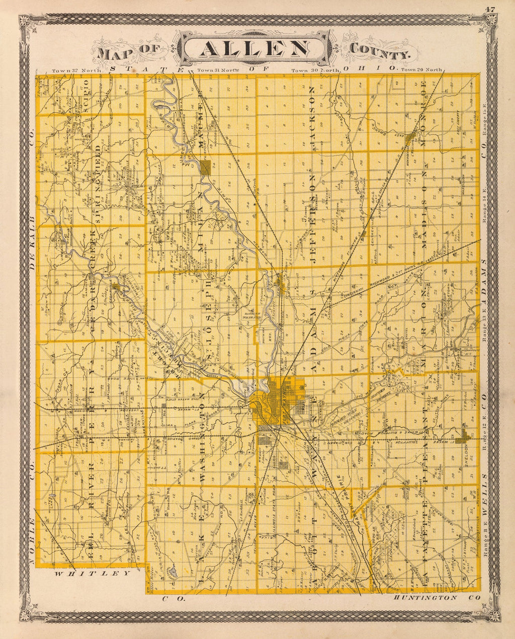 Vintage Map of Allen County, Indiana 1876