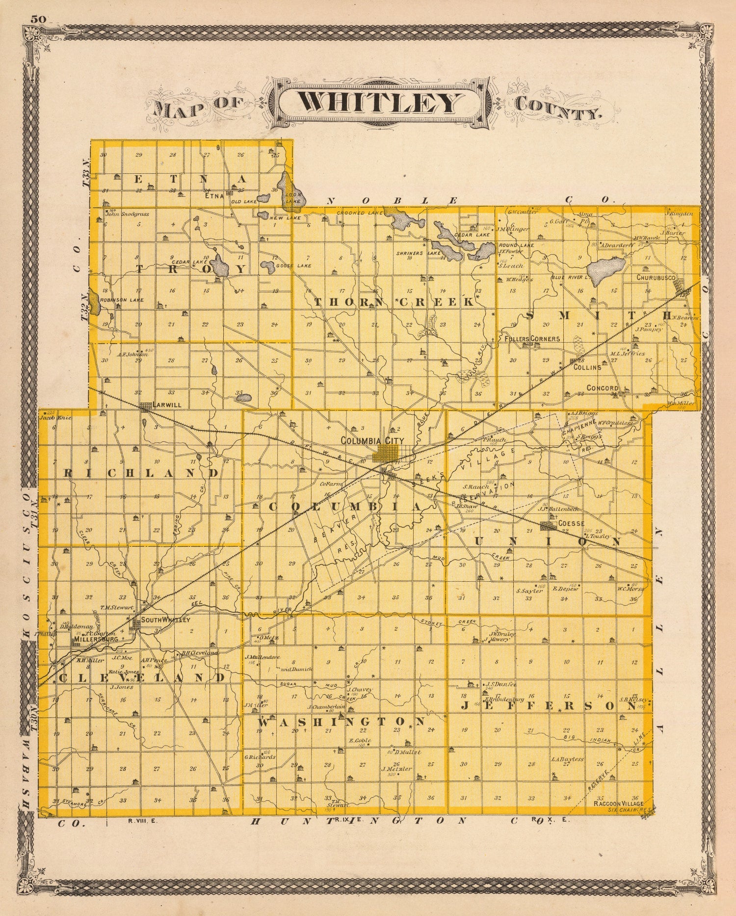 Vintage Map of Whitley County, Indiana 1876