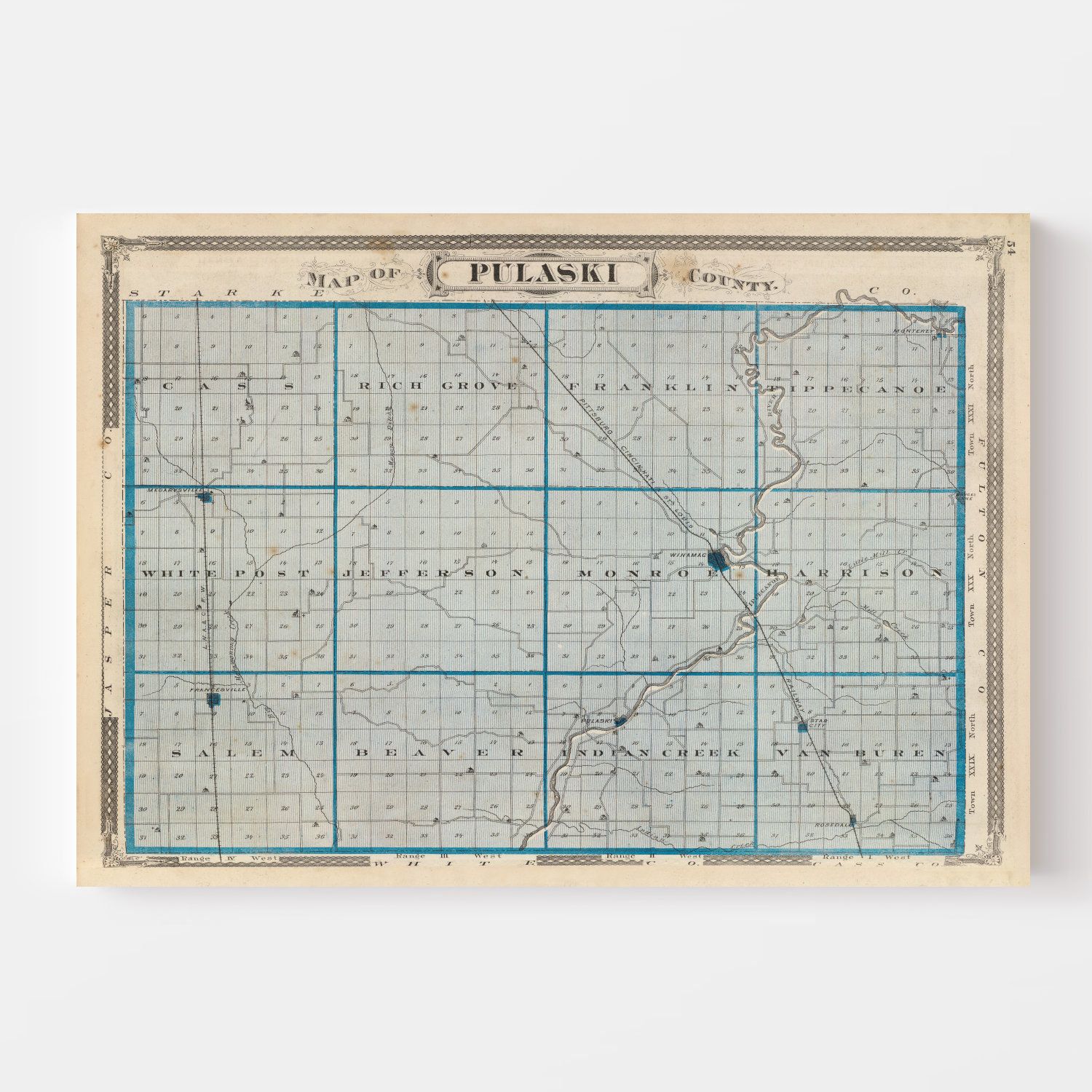 Vintage Map of Pulaski County, Indiana 1876