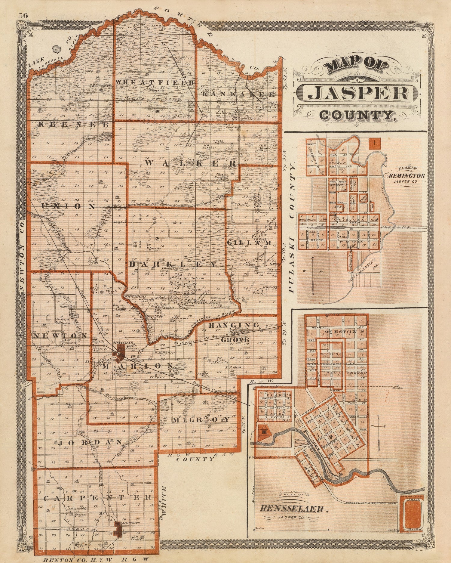 Vintage Map of Jasper County, Indiana 1876