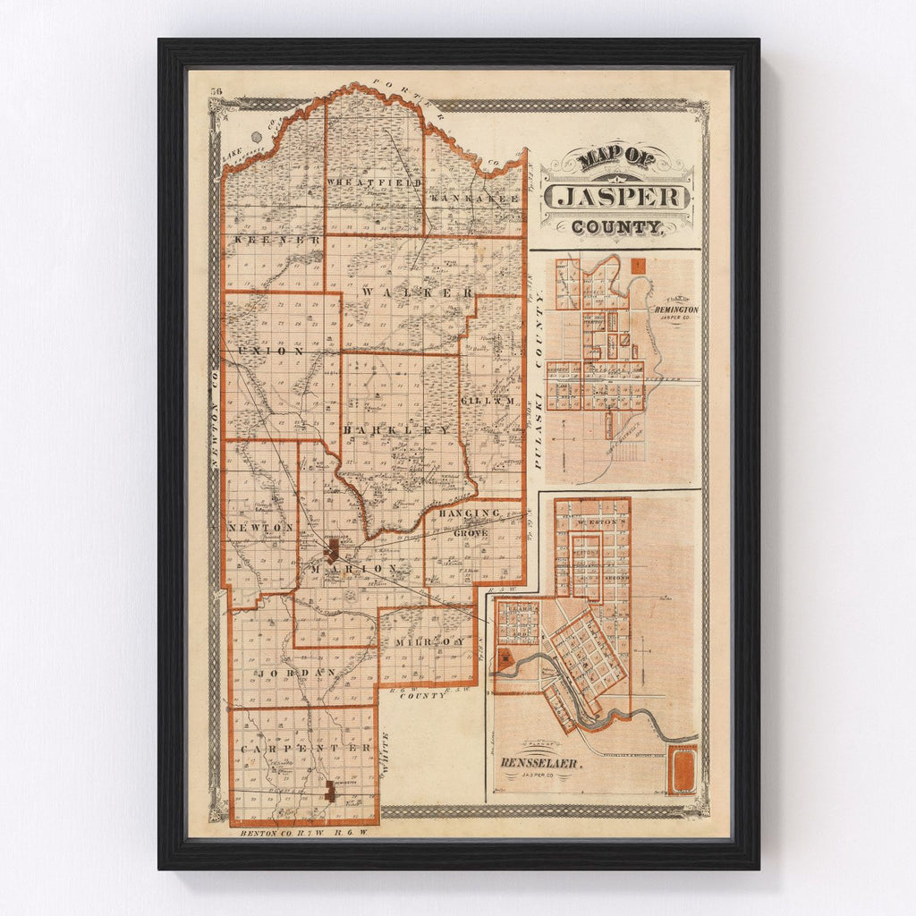 Vintage Map of Jasper County, Indiana 1876