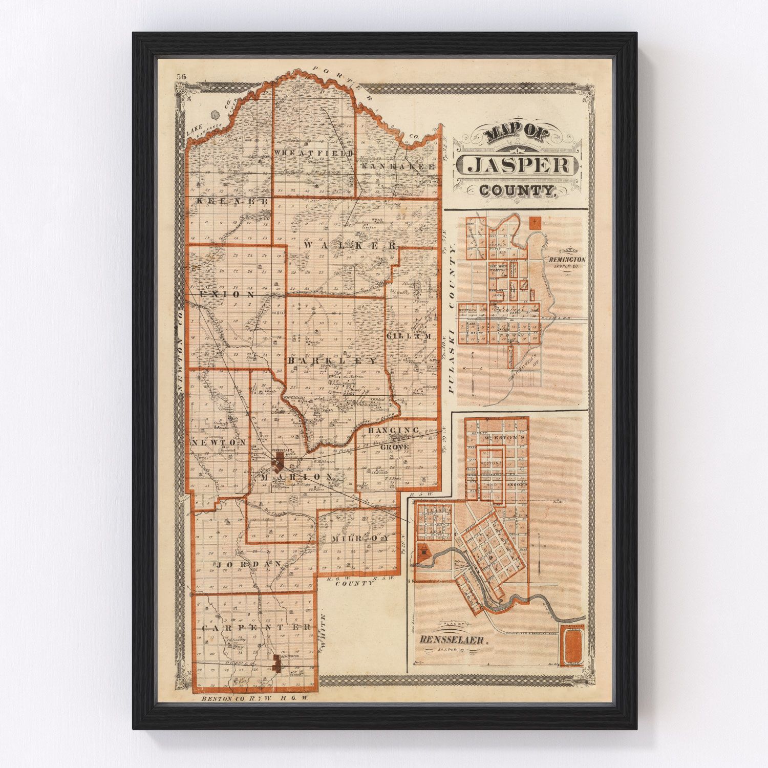 Vintage Map of Jasper County, Indiana 1876