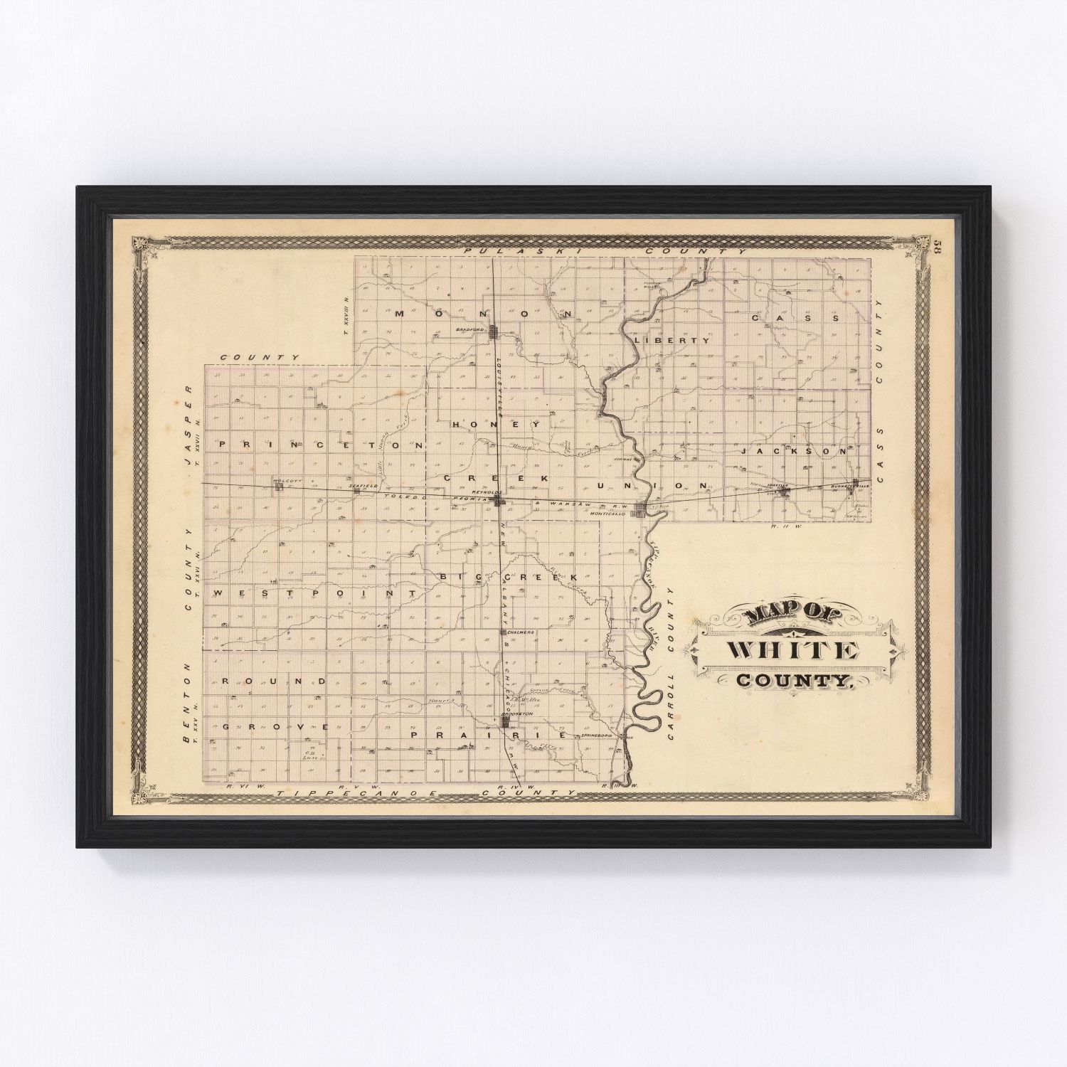 Vintage Map of White County, Indiana 1876