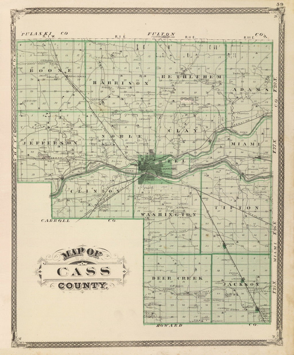 Vintage Map of Cass County, Indiana 1876