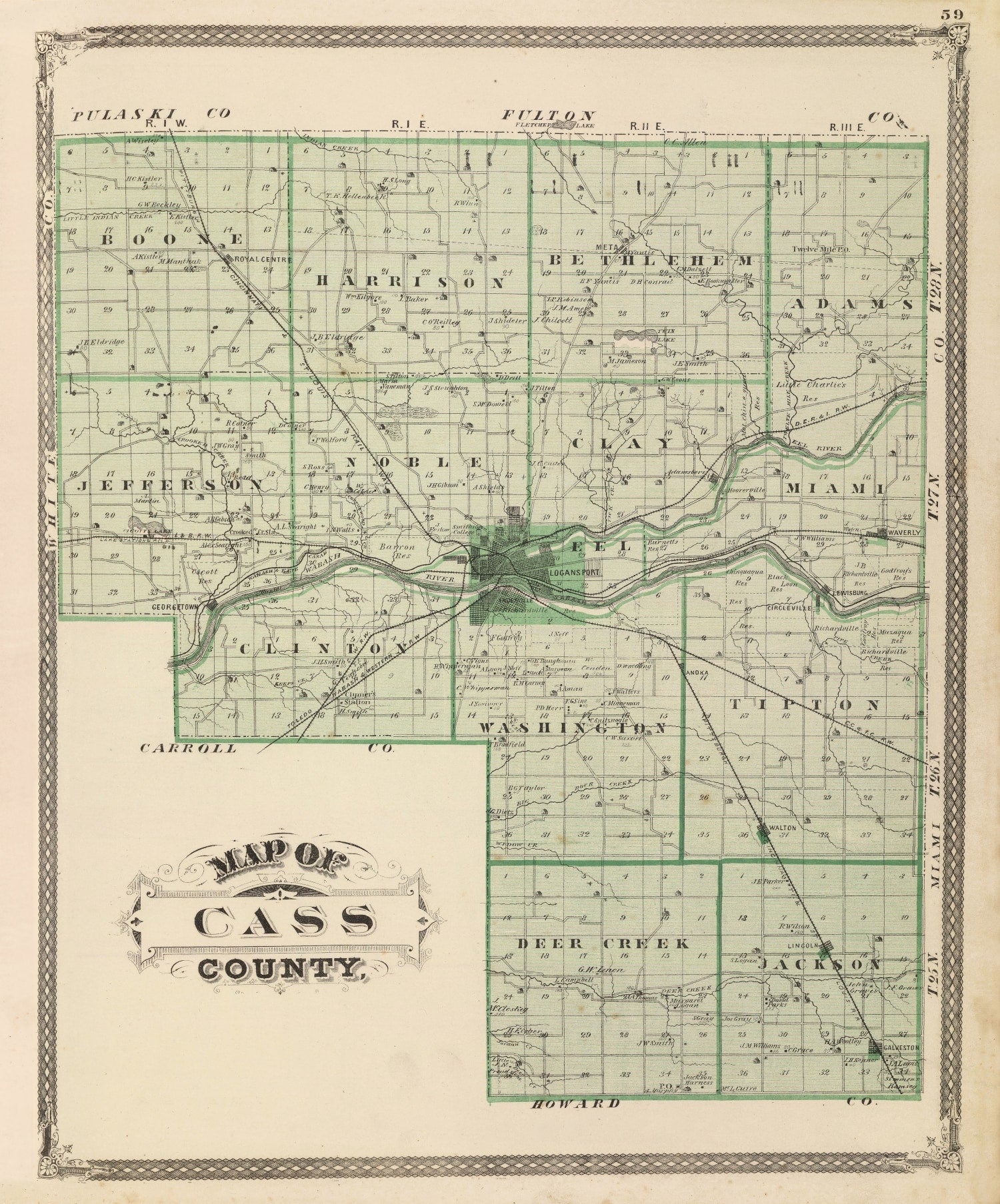 Vintage Map of Cass County, Indiana 1876