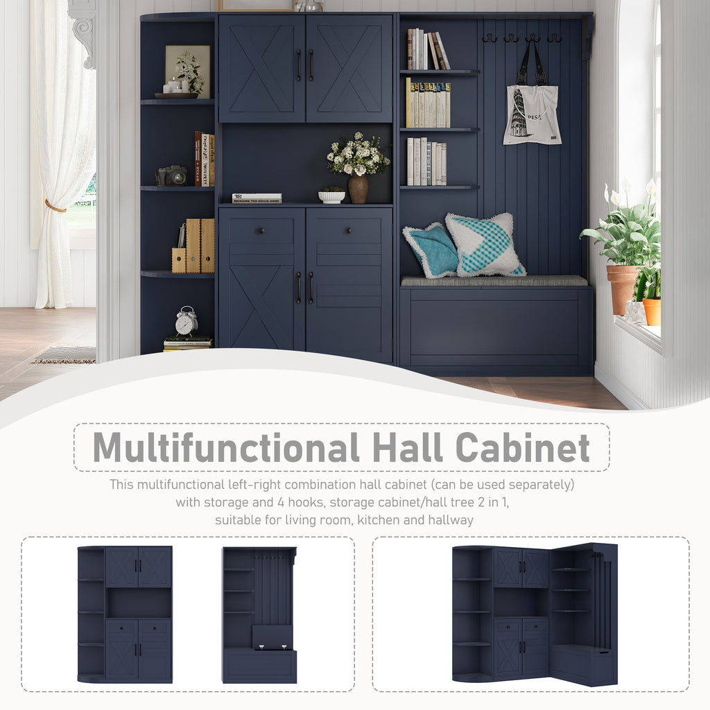 Multifunctional left-right combination hall cabinet (can be used separately) with storage and 4 hooks, storage cabinet/ hall tree 2 in 1 for living room, kitchen and hallway, antique blue