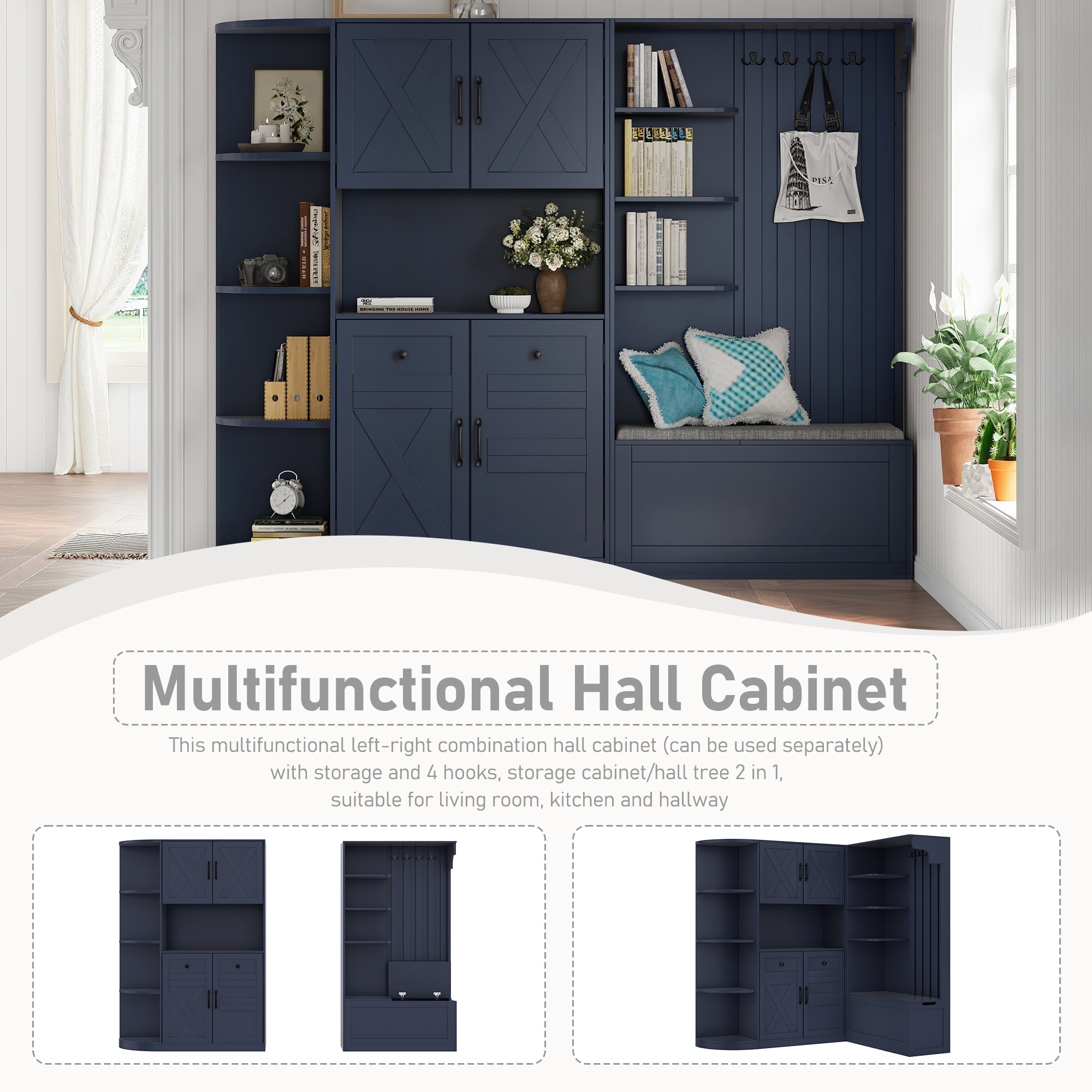 Multifunctional left-right combination hall cabinet (can be used separately) with storage and 4 hooks, storage cabinet/ hall tree 2 in 1 for living room, kitchen and hallway, antique blue
