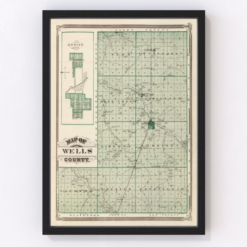 Vintage Map of Wells County, Indiana 1876