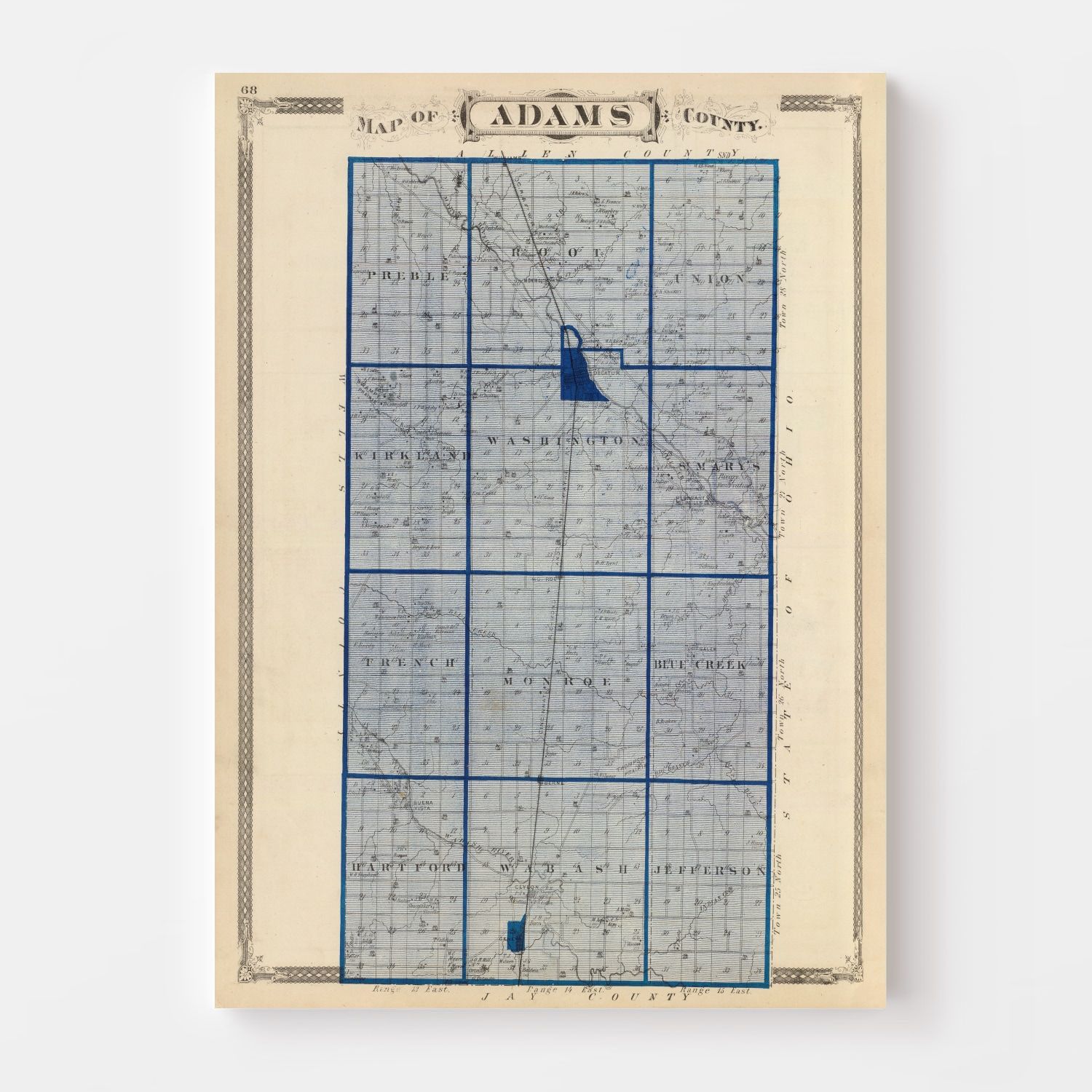 Vintage Map of Adams County, Indiana 1876
