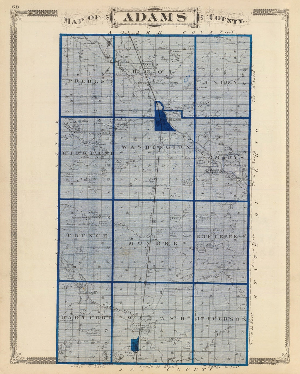 Vintage Map of Adams County, Indiana 1876