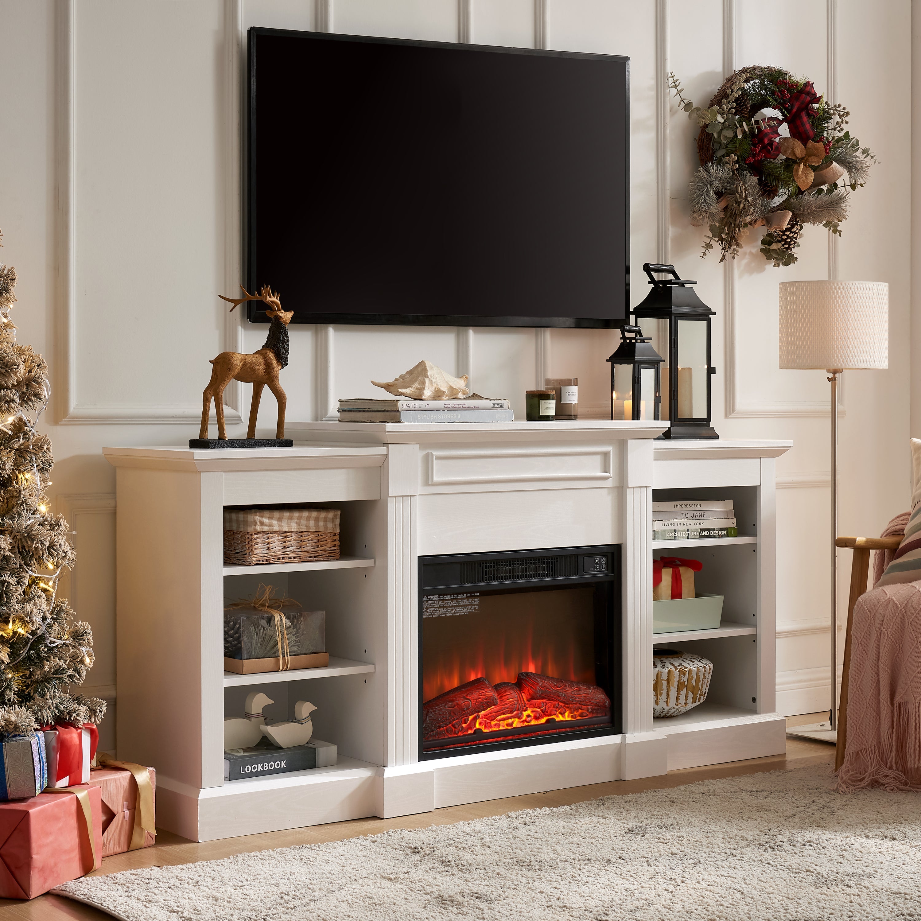 Media Console Table with Large Storage Cabinet, with 23' Fireplace Insert, for TV Up to 70'', Modern TV Media Entertaionment Stand, White, 65.75'W*17'D*32.48'H