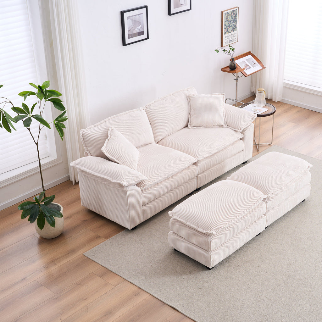 Corduroy 2-seats sofa With 2 back pillows,2 toss pillows and two ottoman,Comfy Sofa- Deep Seat Couch for Living Room,White