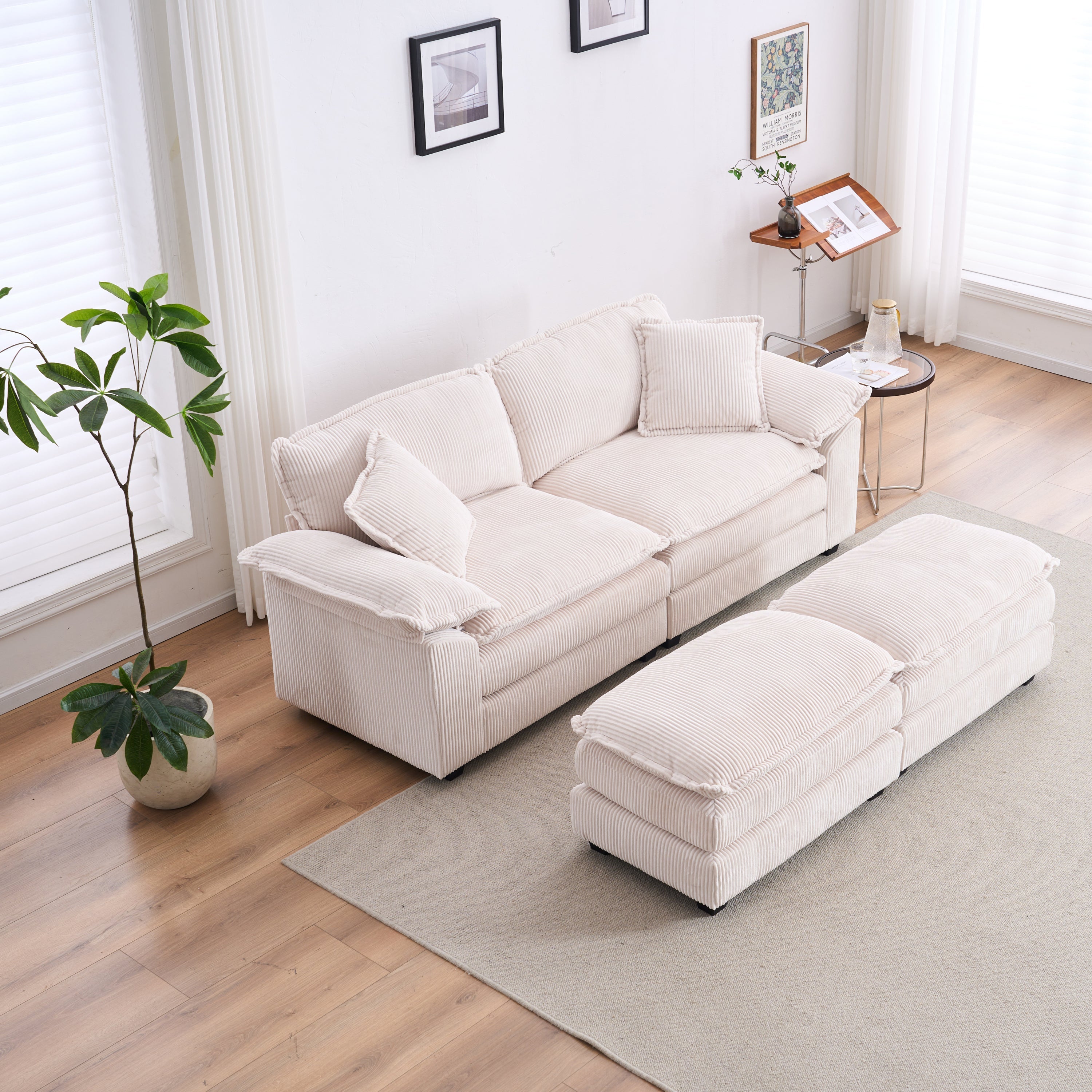 Corduroy 2-seats sofa With 2 back pillows,2 toss pillows and two ottoman,Comfy Sofa- Deep Seat Couch for Living Room,White