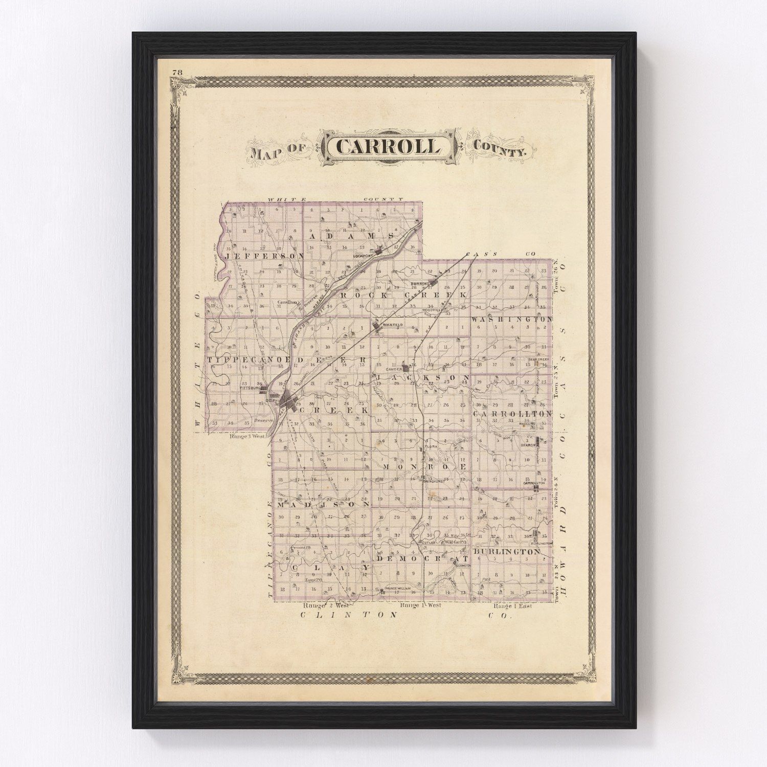 Vintage Map of Carroll County, Indiana 1876