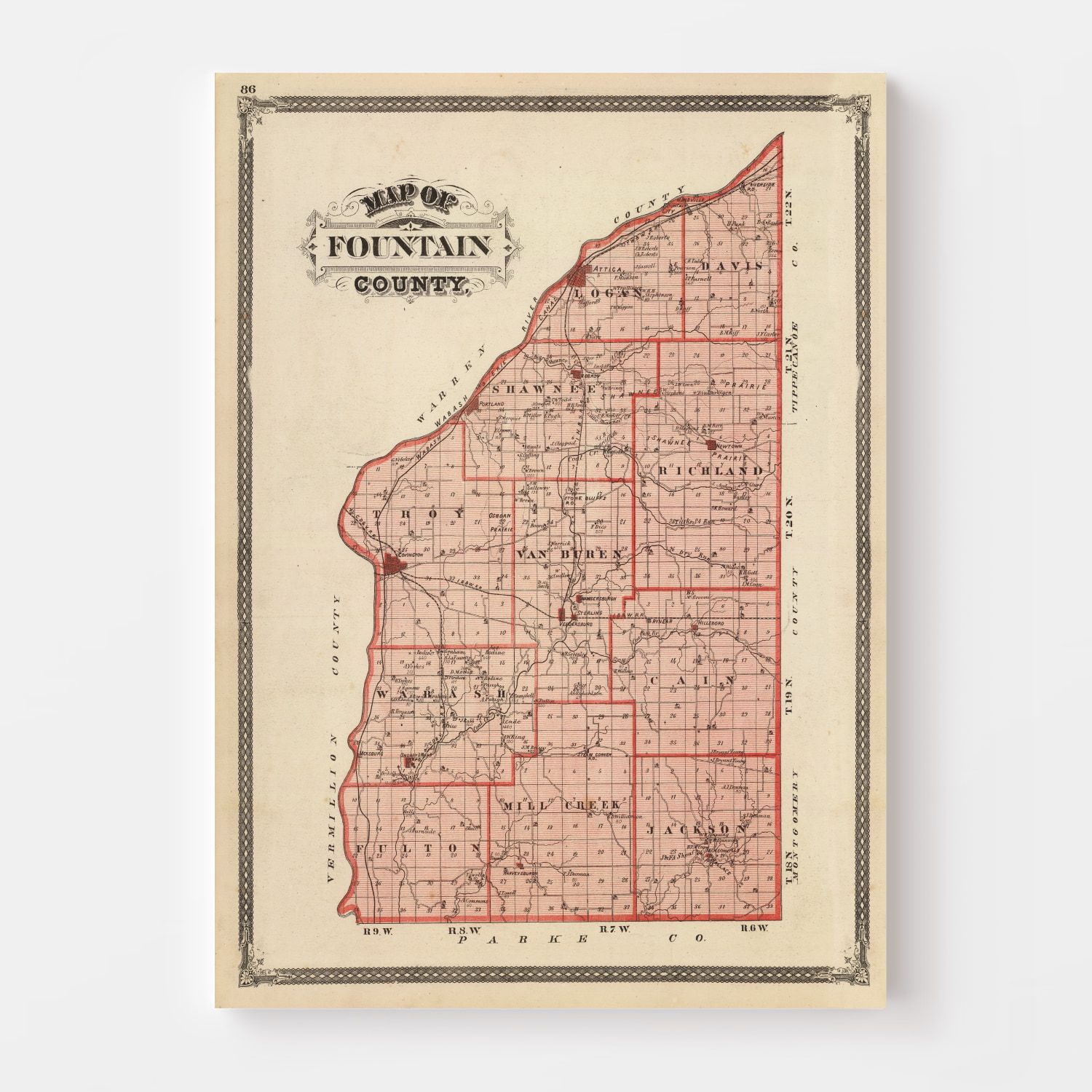 Vintage Map of Fountain County, Indiana 1876