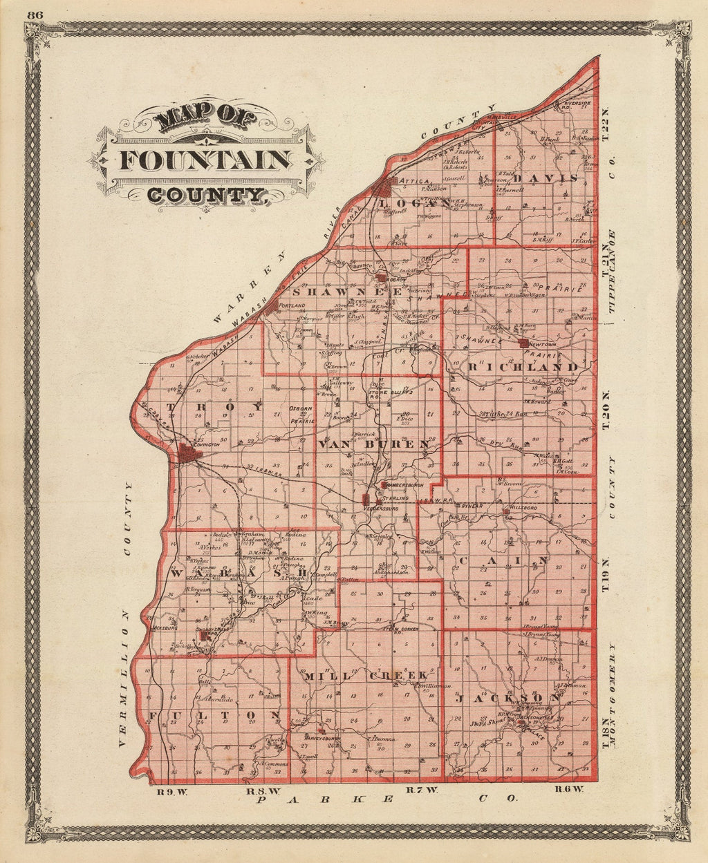 Vintage Map of Fountain County, Indiana 1876