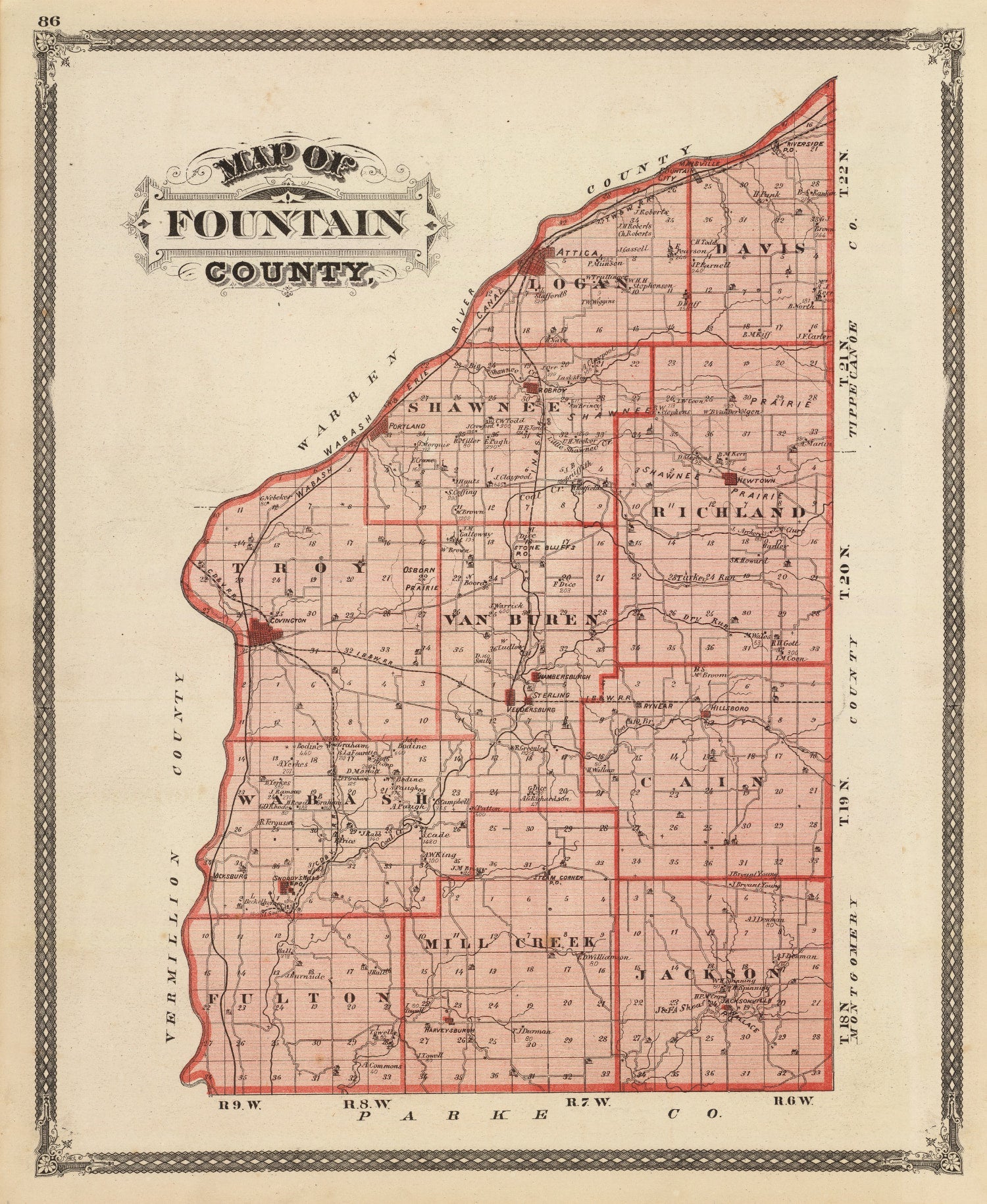Vintage Map of Fountain County, Indiana 1876