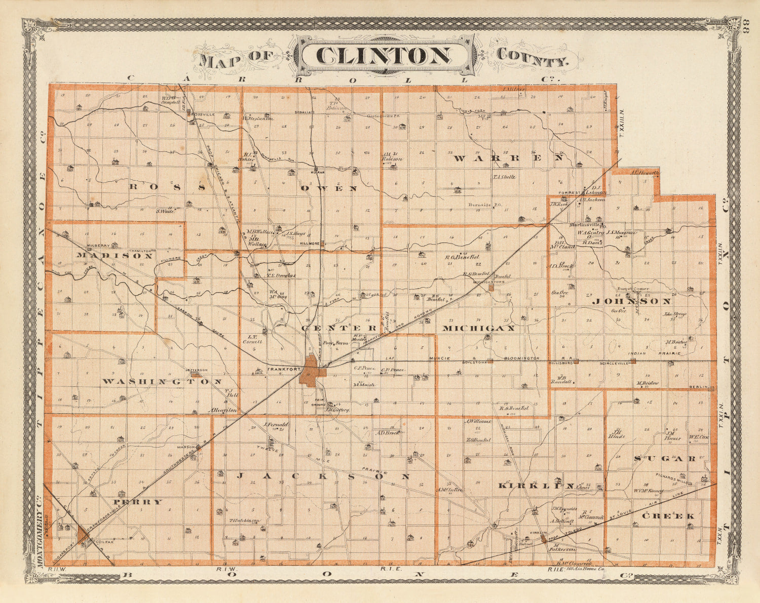 Vintage Map of Clinton County, Indiana 1876