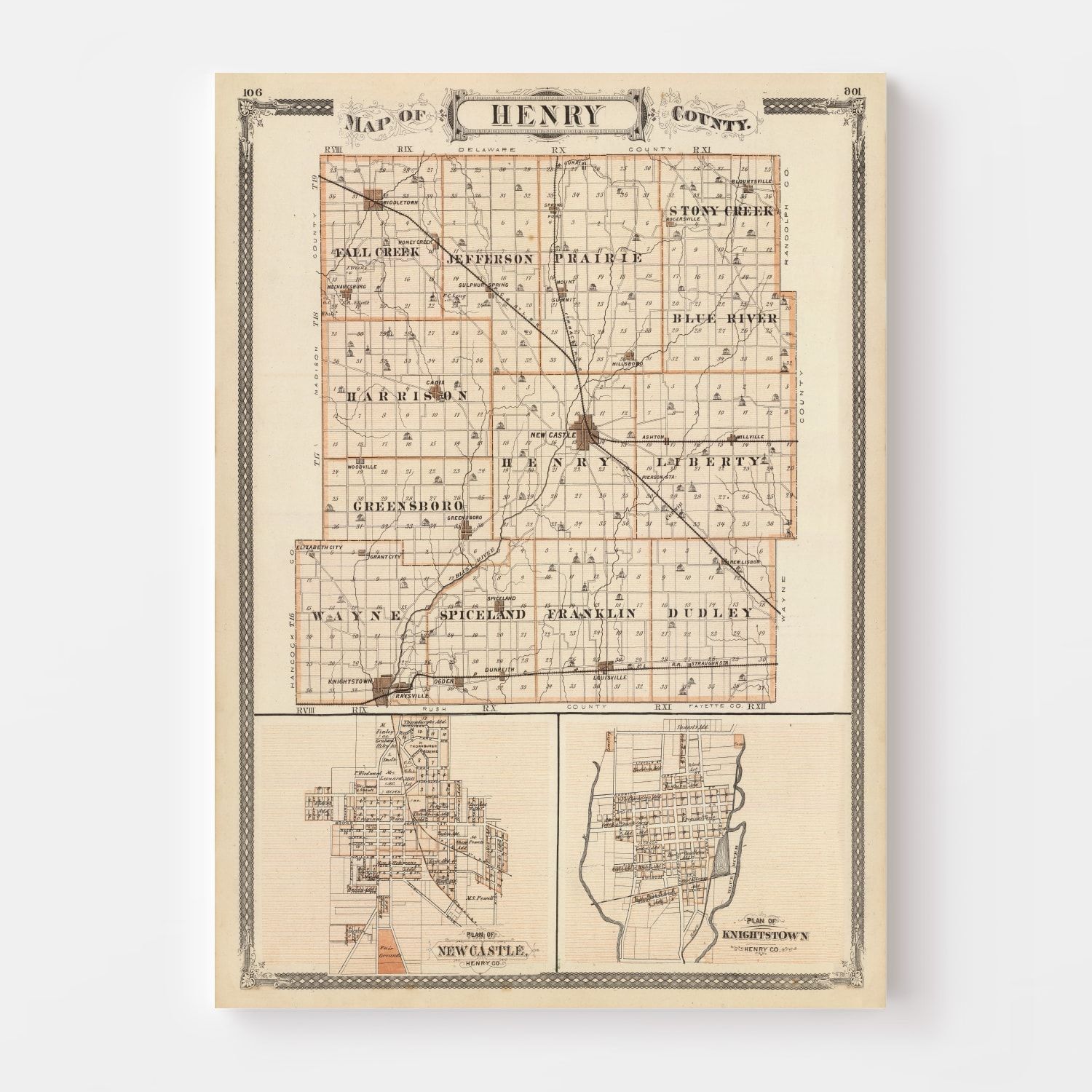 Vintage Map of Henry County, Indiana 1876