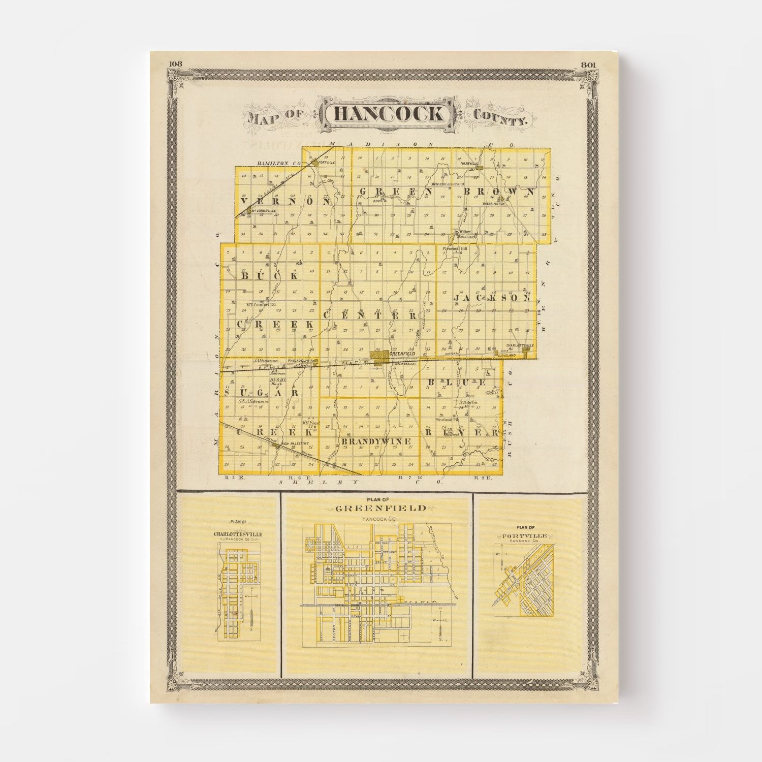 Vintage Map of Hancock County, Indiana 1876