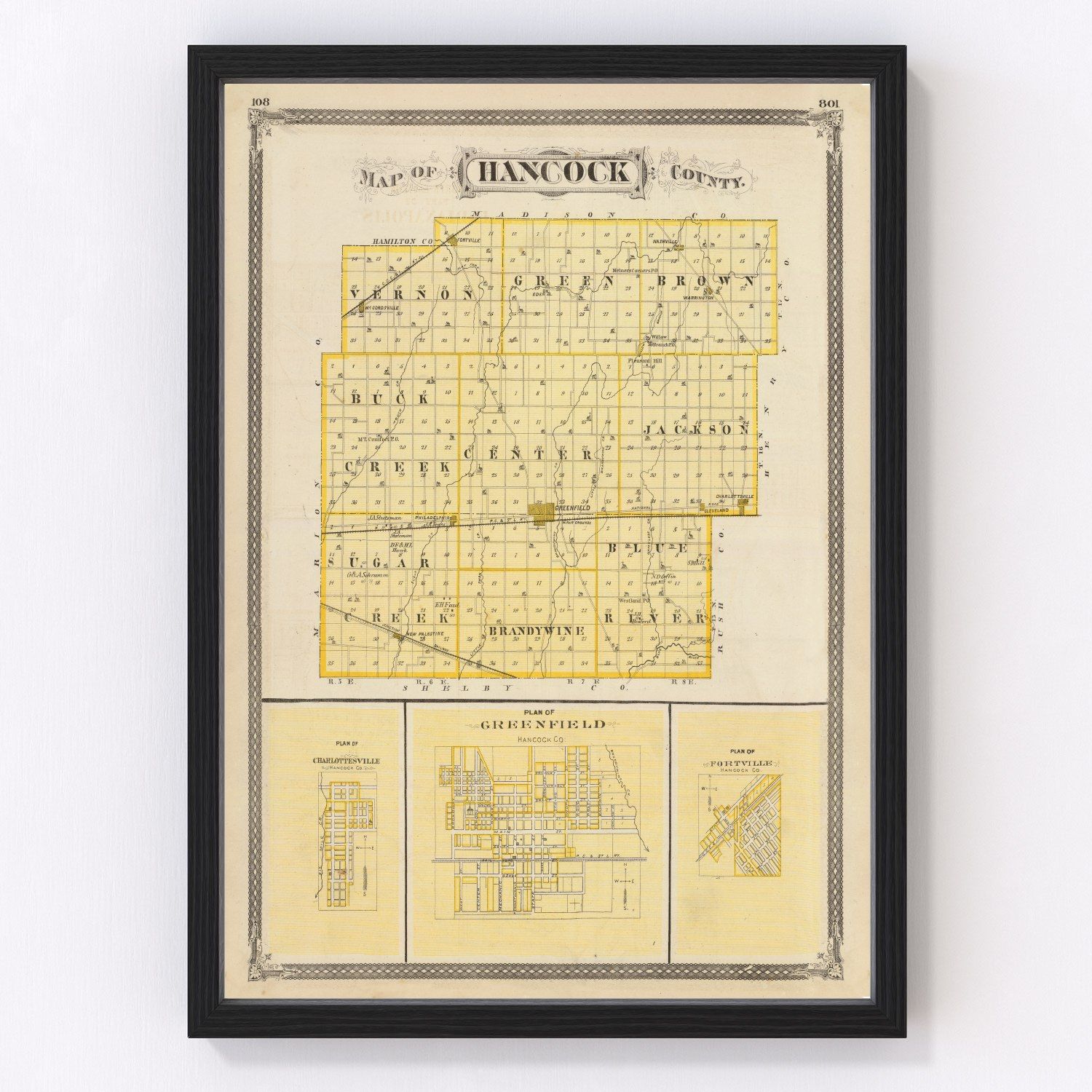 Vintage Map of Hancock County, Indiana 1876