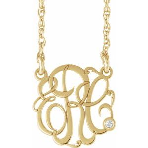 10K Yellow Gold 15 mm 3 Initials .02 CT Natural Diamond Script Monogram I1, H-I Necklace