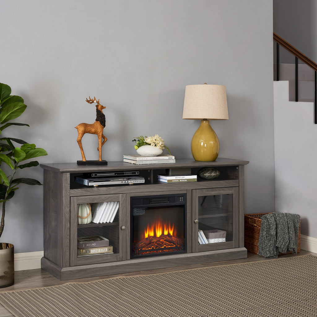 Retro TV Stand for 65'' TV, TV Console Cabinet with Storage, Open Shelves Entertainment Center with 18' Fireplace Insert  for Living Room Dark Walnut 60'W*15.75'D*29'H