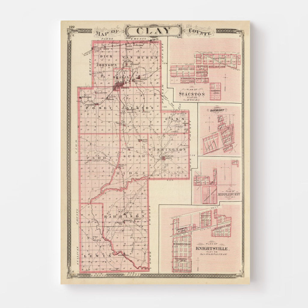 Vintage Map of Clay County, Indiana 1876