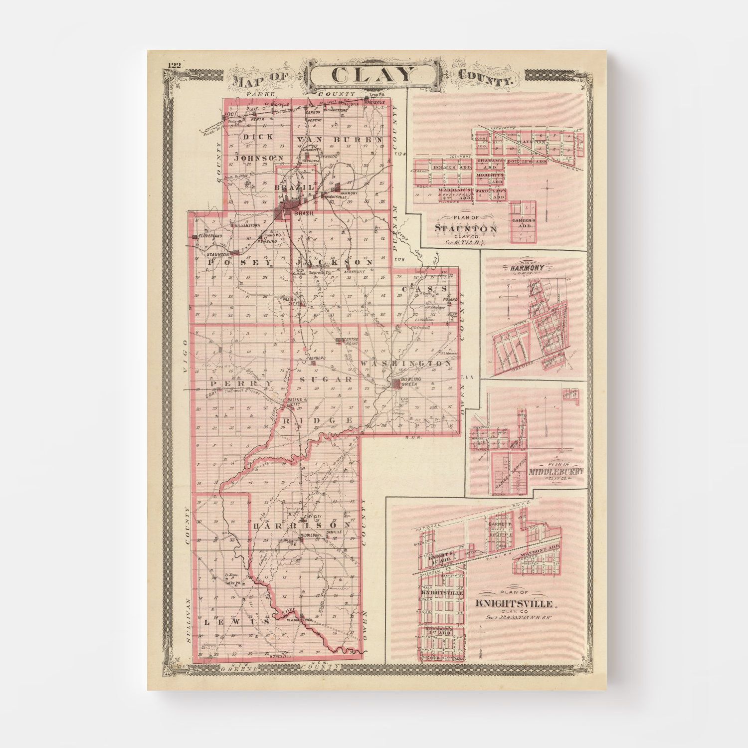 Vintage Map of Clay County, Indiana 1876