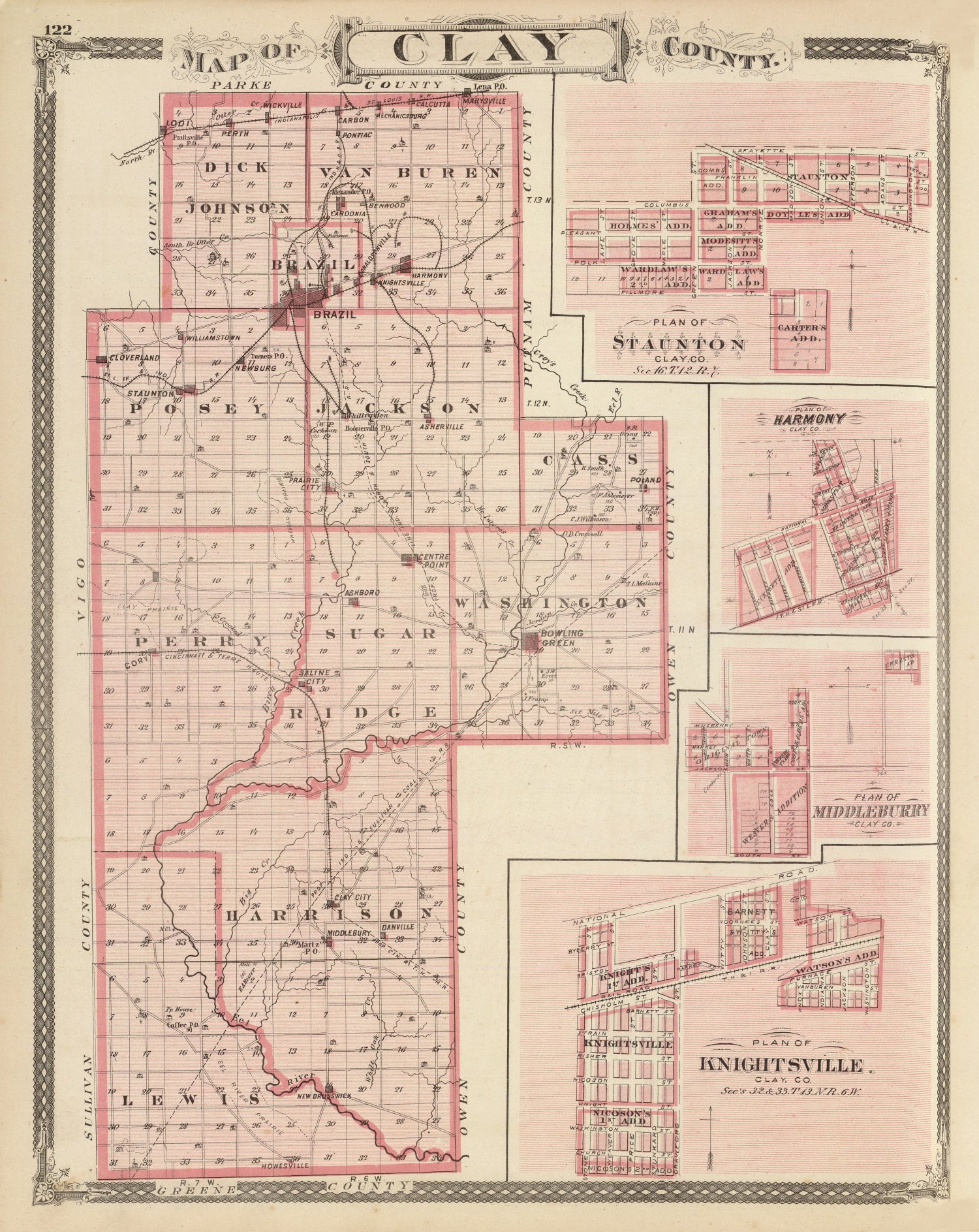 Vintage Map of Clay County, Indiana 1876