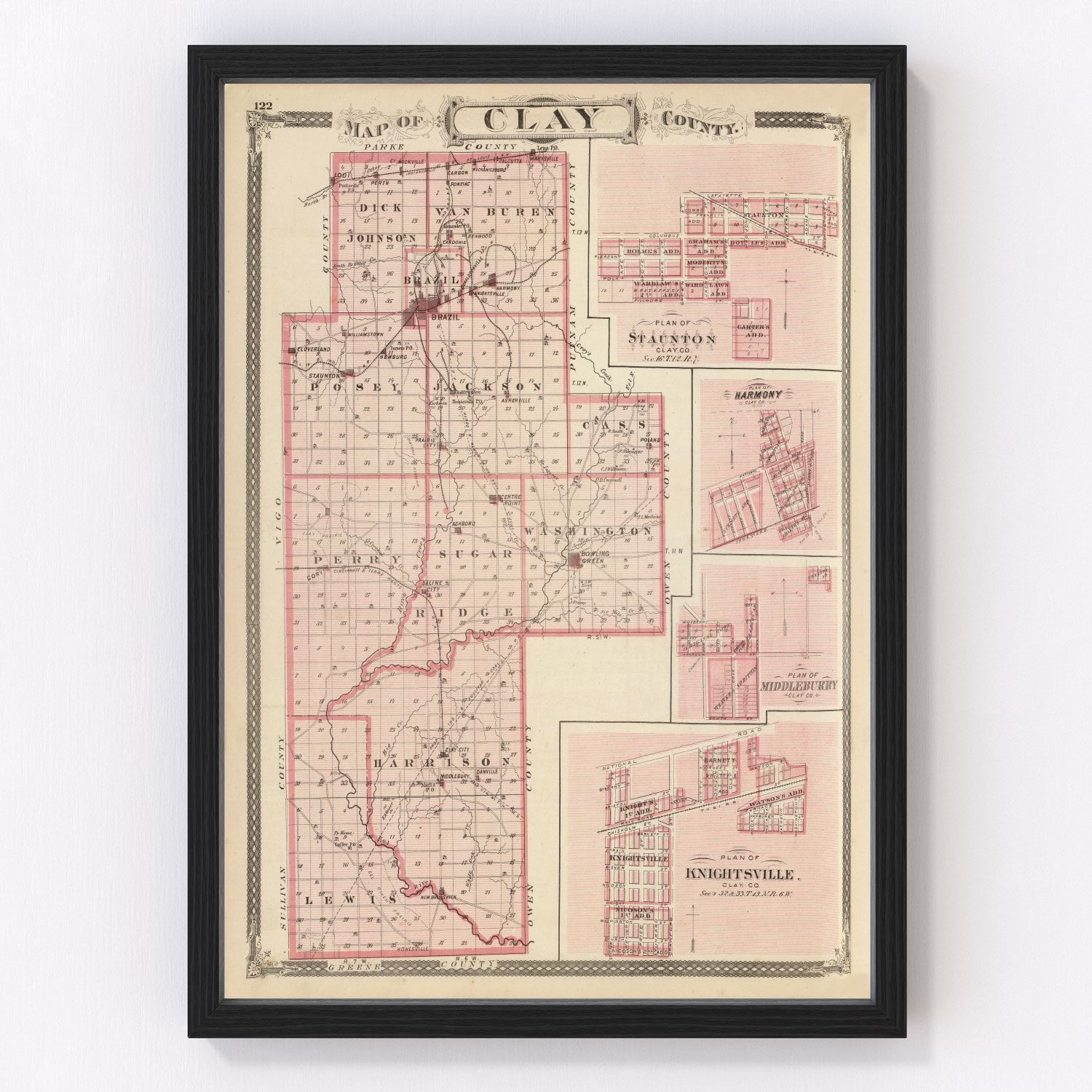 Vintage Map of Clay County, Indiana 1876
