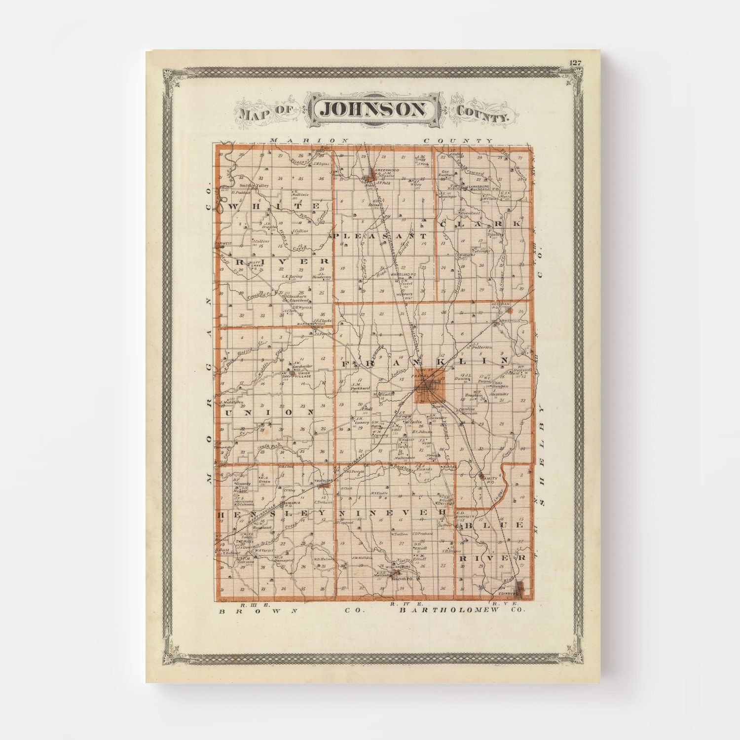 Vintage Map of Johnson County, Indiana 1876