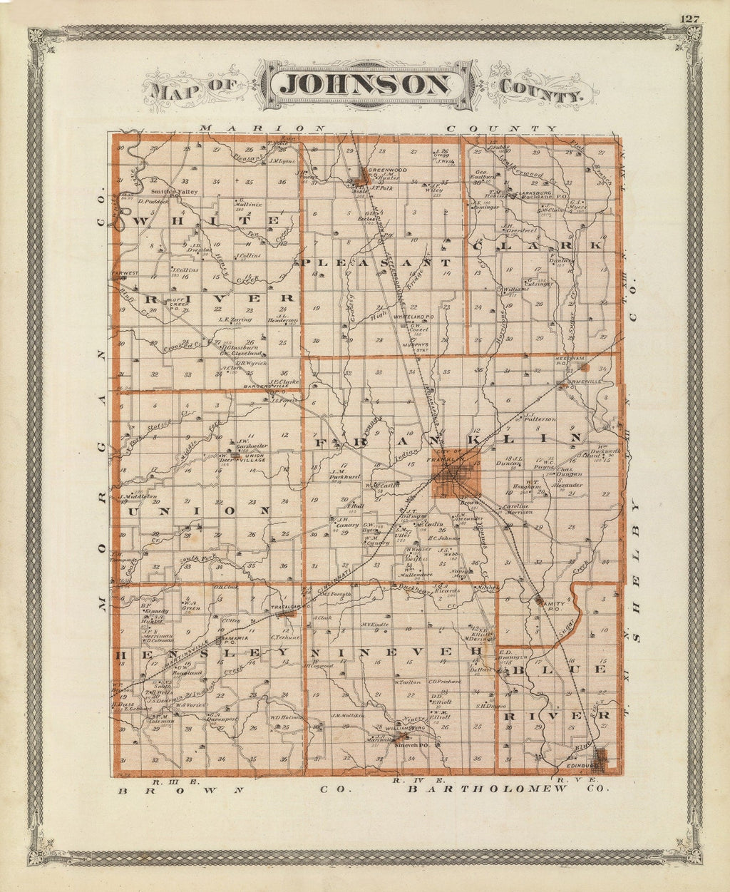 Vintage Map of Johnson County, Indiana 1876