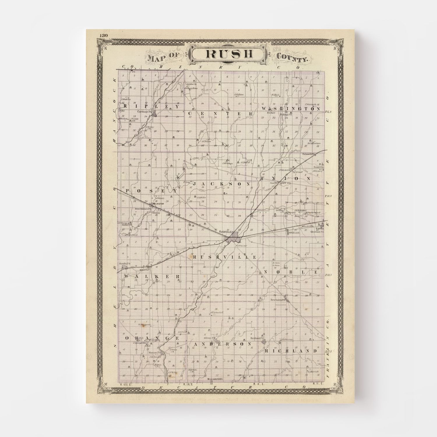 Vintage Map of Rush County, Indiana 1876