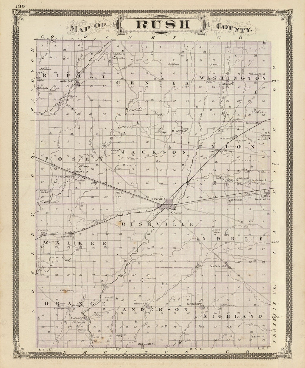 Vintage Map of Rush County, Indiana 1876