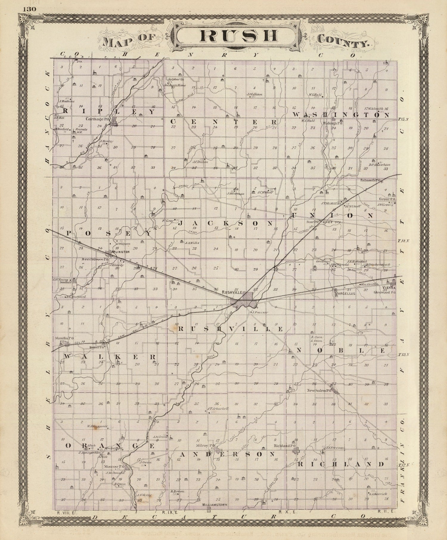 Vintage Map of Rush County, Indiana 1876