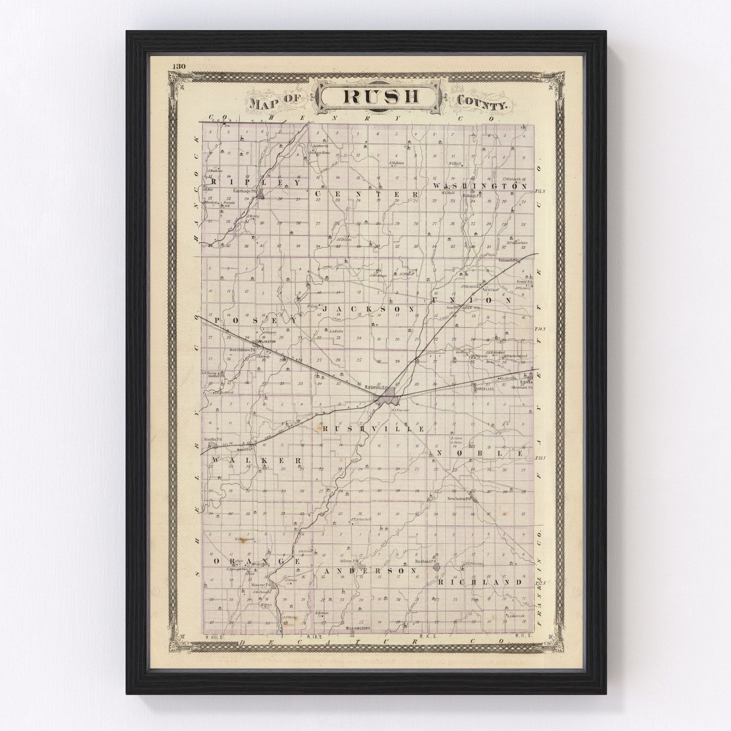 Vintage Map of Rush County, Indiana 1876