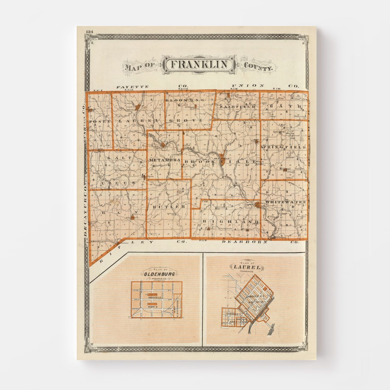 Vintage Map of Franklin County, Indiana 1876