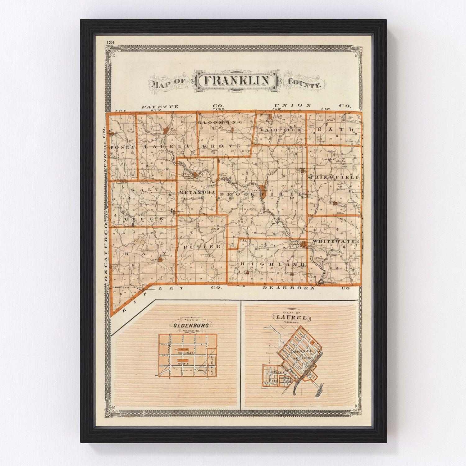 Vintage Map of Franklin County, Indiana 1876