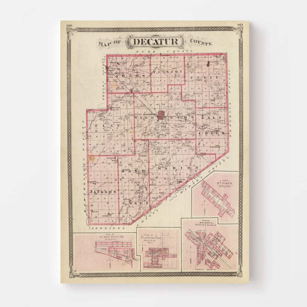 Vintage Map of Decatur County, Indiana 1876