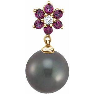 14K Yellow Gold Cultured Gray Tahitian Pearl & .06 CTW Natural Diamond& Natural Rhodolite Garnet Pendant